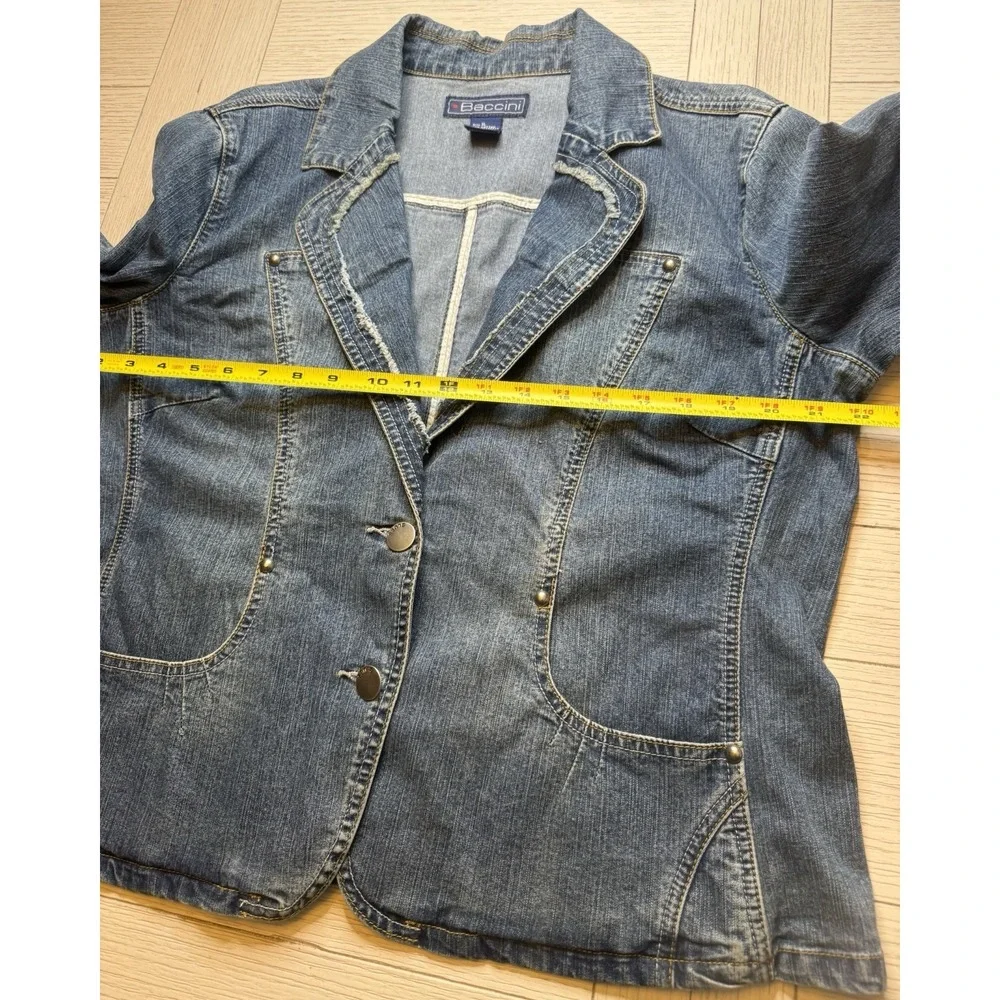 Baccini Women's Denim Jean Jacket 2 Button Blazer W/ Studs & Frayed Trim XL 90s
